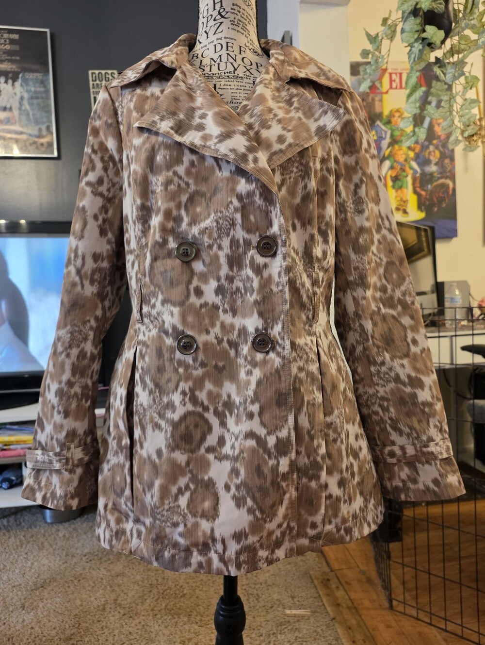 Women’s Double-Breasted Brown Animal Print Trench Coat